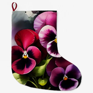 Pretty maroon daek red pansies watercolor painting large christmas stocking