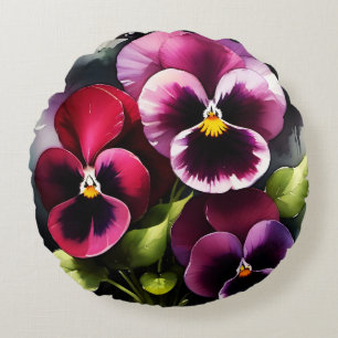 Pretty maroon daek red pansies watercolor painting round pillow