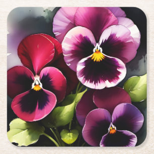 Pretty maroon daek red pansies watercolor painting square paper coaster