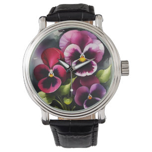 Pretty maroon daek red pansies watercolor painting watch