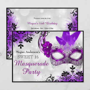 Pretty Mask & Damask Purple Masquerade Sweet 16 Invitation