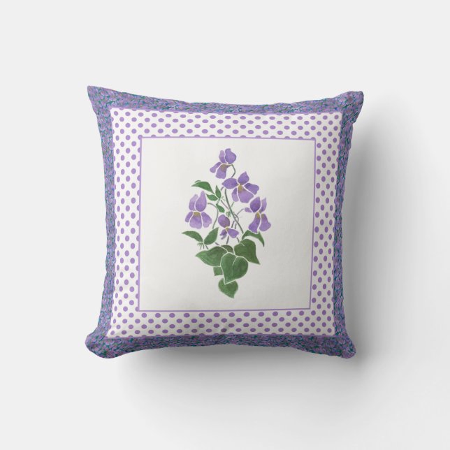 Pretty Mauve Watercolor Violets and Polka Dots Throw Pillow (Front)