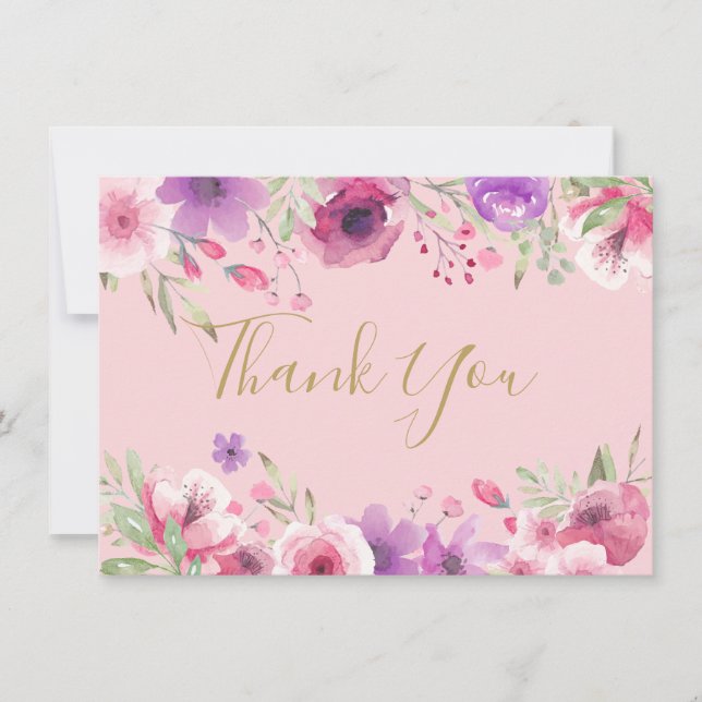 Pretty Meadow Flowers Gold Script Thank You Card (Front)
