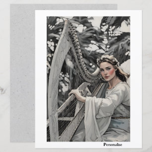 Pretty Medieval Harp Lady Vintage Scrapbook Paper