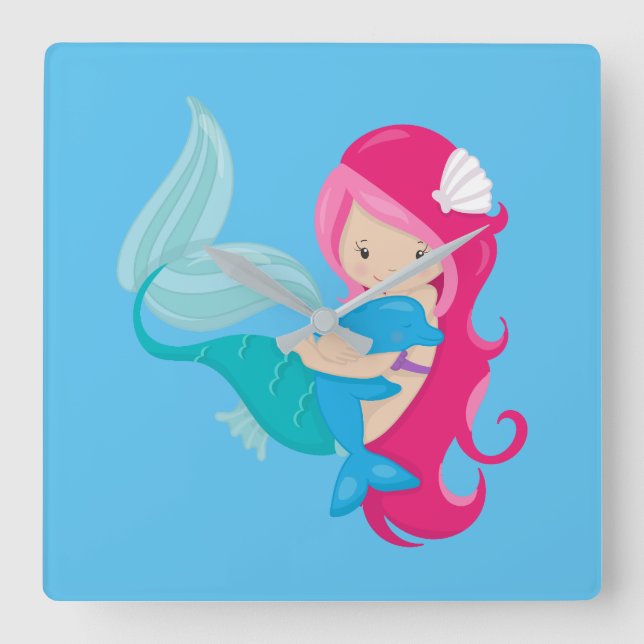 Pretty Mermaid and Dolphin Square Wall Clock (Front)