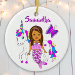 Pretty Mermaid and Unicorn Personalized Christmas Ceramic Ornament<br><div class="desc">Cute cartoon whimsical hand drawn folk art style African-American,  Hispanic or Bi-racial Mermaid Princess and Unicorn with purple and pink butterfly  personalized Christmas ornament.</div>