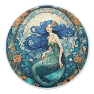 Pretty Mermaid Art Nouveau Art Deco Blue Ceramic Knob