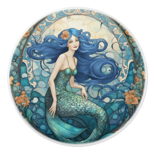 Pretty Mermaid Art Nouveau Art Deco Blue Ceramic Knob
