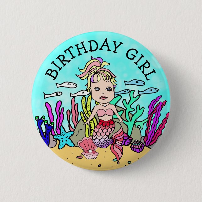 Pretty Mermaid Birthday Girl 2 Inch Round Button (Front)
