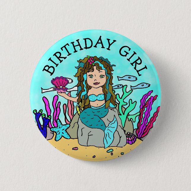 Pretty Mermaid Birthday Girl 2 Inch Round Button (Front)