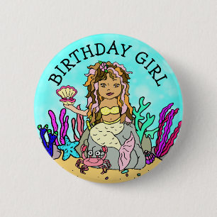 Pretty Mermaid Birthday Girl 2 Inch Round Button
