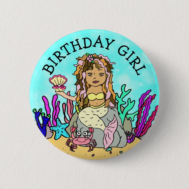Pretty Mermaid Birthday Girl 2 Inch Round Button (Front)