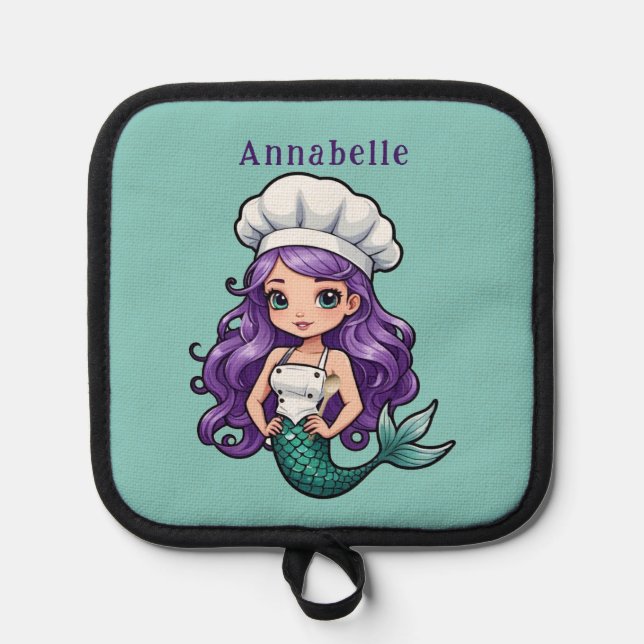 Pretty Mermaid Chef with Purple Hair Pot Holder (Front)