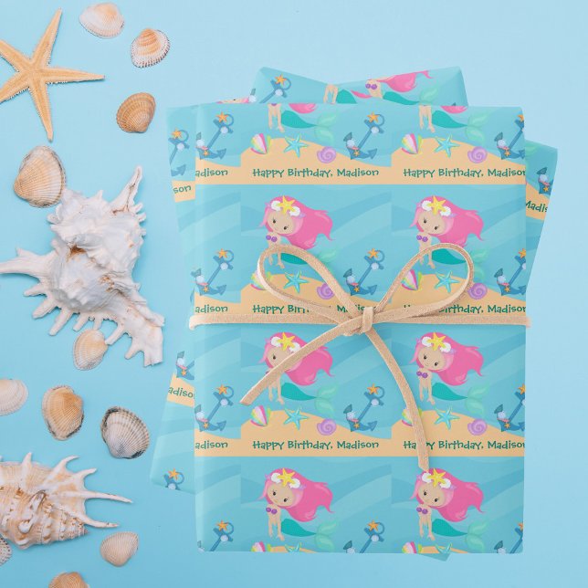 Pretty Mermaid Girl Personalized Beach Birthday Wrapping Paper Sheet (Creator Uploaded)