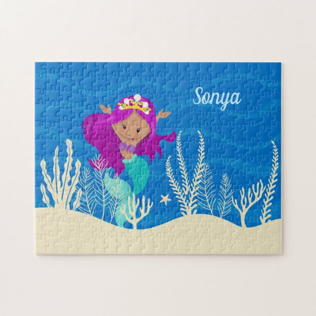 Pretty Mermaid Girl Personalized Kids Blue Ocean Jigsaw Puzzle (Horizontal)