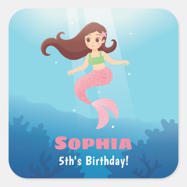 Pretty Mermaid Girl Under the Sea Party Decor Square Sticker (Front)