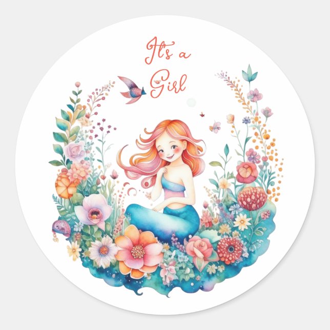 Pretty Mermaid Girl's Baby Shower It's a Girl Classic Round Sticker (Front)