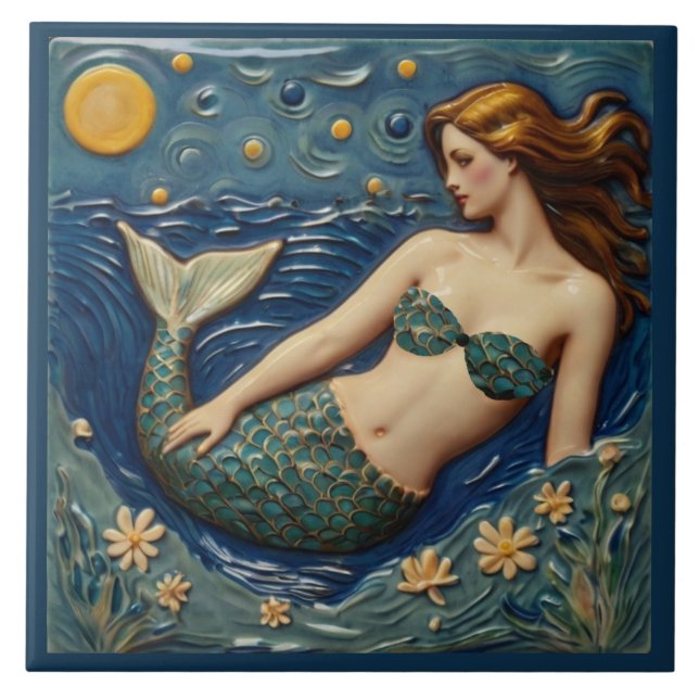 Pretty Mermaid in the Sea Ocean Fairytale Tile (Front)
