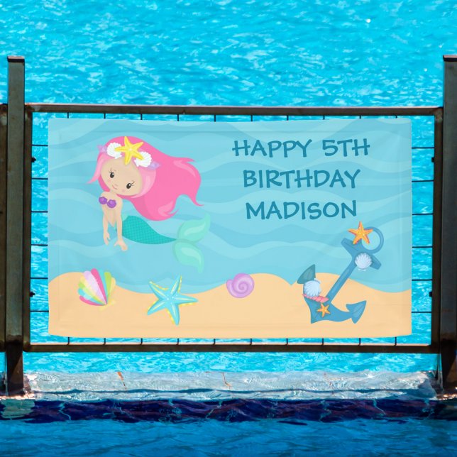 Pretty Mermaid Kids Custom Beach Birthday Party Banner (Creator Uploaded)