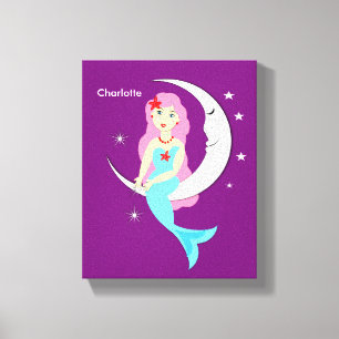Pretty Mermaid On The Moon Personalized Canvas Print