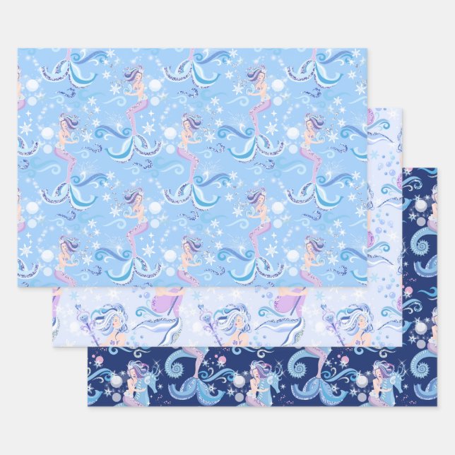 Pretty Mermaid Purple Blue Wrapping Paper Sheet (Set)