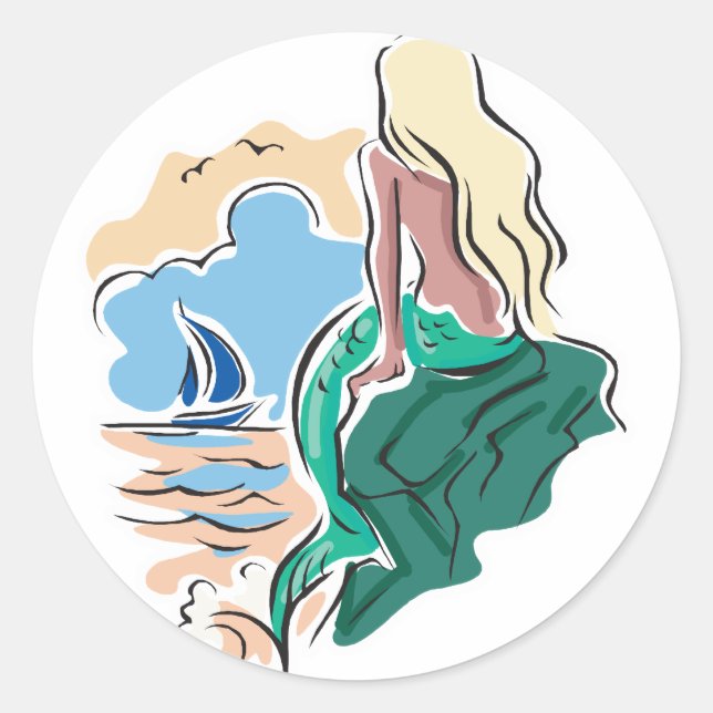 pretty mermaid sitting on rock classic round sticker (Front)