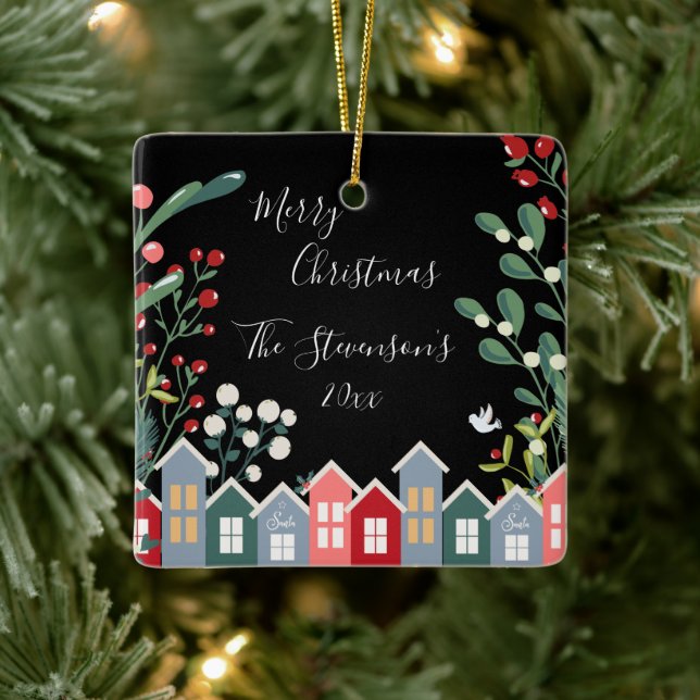 Pretty Merry Christmas Personalized Name Floral Ceramic Ornament (Tree)