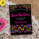 Pretty Mexican Fiesta Floral Black and Pink Save The Date<br><div class="desc">Save the Date Announcement Card which you can customize to suit any occasion. The floral design has an abundance of pretty Mexican Fiesta flowers on the front with sweet typography in pink and a black background. The template is set up for you to personalize the postcard with your special date,...</div>