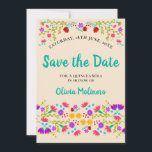 Pretty Mexican Fiesta Floral Champagne and Green Save The Date<br><div class="desc">Save the Date Announcement Card which you can customize to suit any occasion. The floral design has an abundance of pretty Mexican Fiesta flowers on the front with sweet typography in jade green with a champagne background. The template is set up for you to personalize the card with your special...</div>