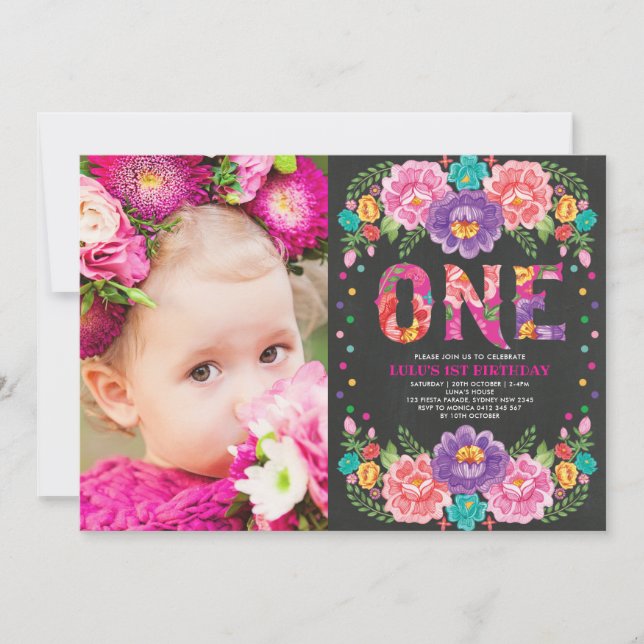 Pretty Mexican Fiesta Flowers 1st Birthday Photo Invitation (Front)