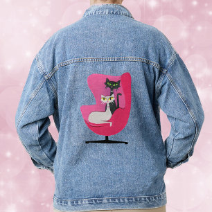 Pretty Mid Century Cats in Pink vintage Chair Denim Jacket