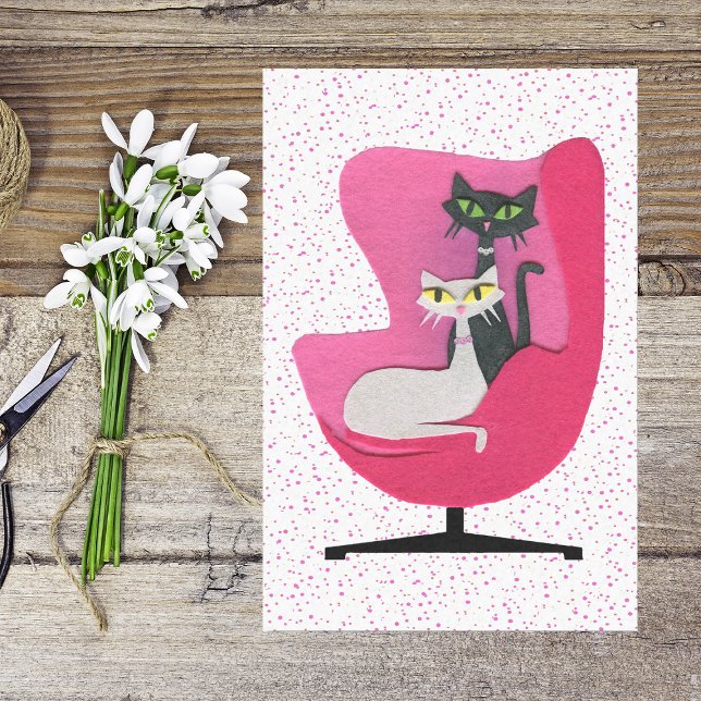 Pretty Mid Century Cats Pink Chair Polka Dots Tissue Paper (Mid century style cats in pink chair with pink polka dots on white tissue paper.)
