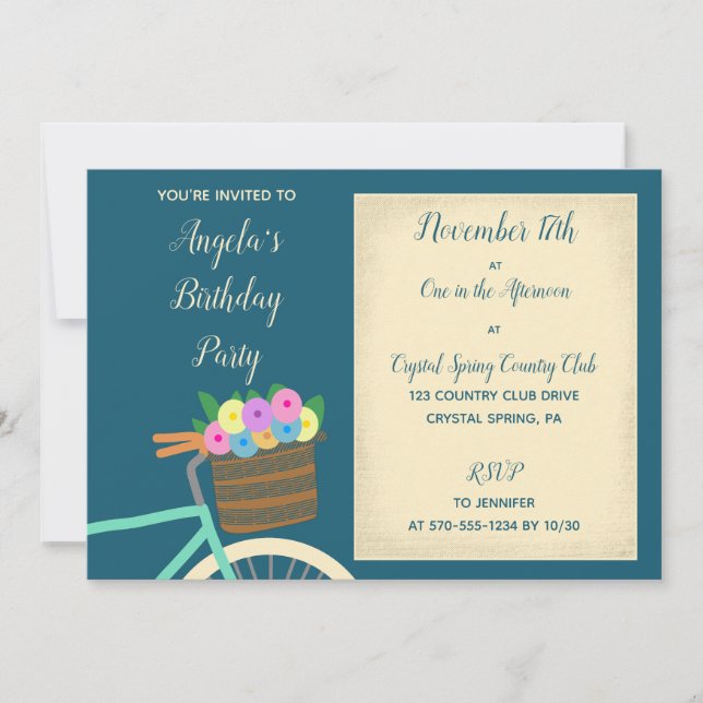 Pretty Mint and Teal Bicycle Basket with Flowers Invitation (Front)