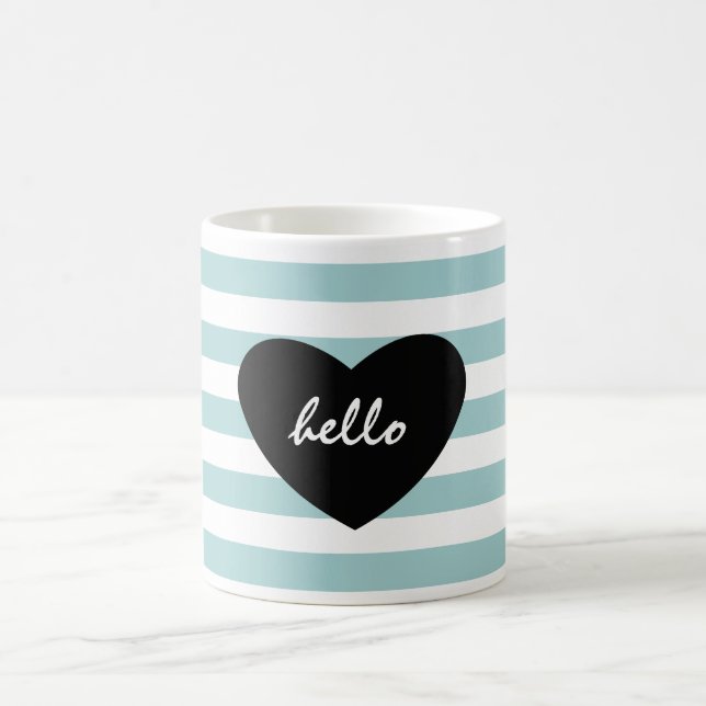 Pretty Mint and White Stripes Hello Heart Coffee Mug (Center)