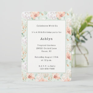 Pretty Mint Peach Orchid Flowers Birthday   Invitation