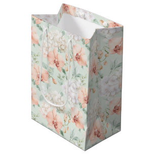 Pretty Mint Peach Orchid Flowers Bridal Shower Medium Gift Bag