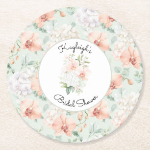  Pretty Mint Peach Orchid Flowers Bridal Shower  Round Paper Coaster
