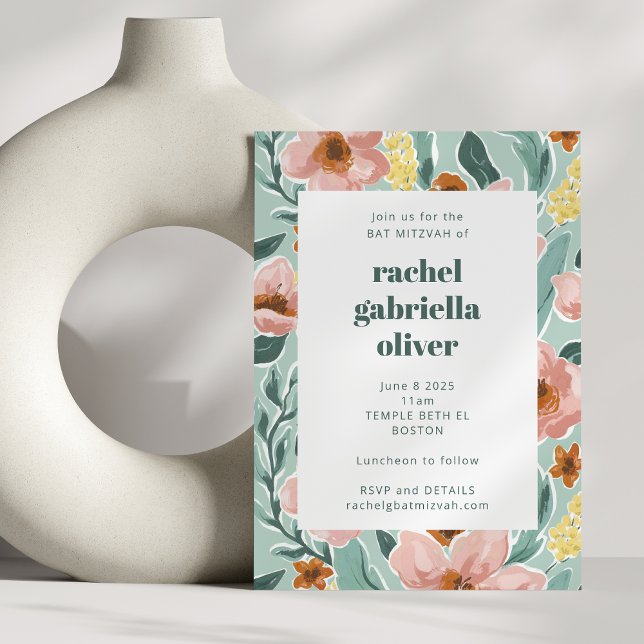 Pretty Mint Sage Blush Pink Floral Bat Mitzvah Invitation (Creator Uploaded)