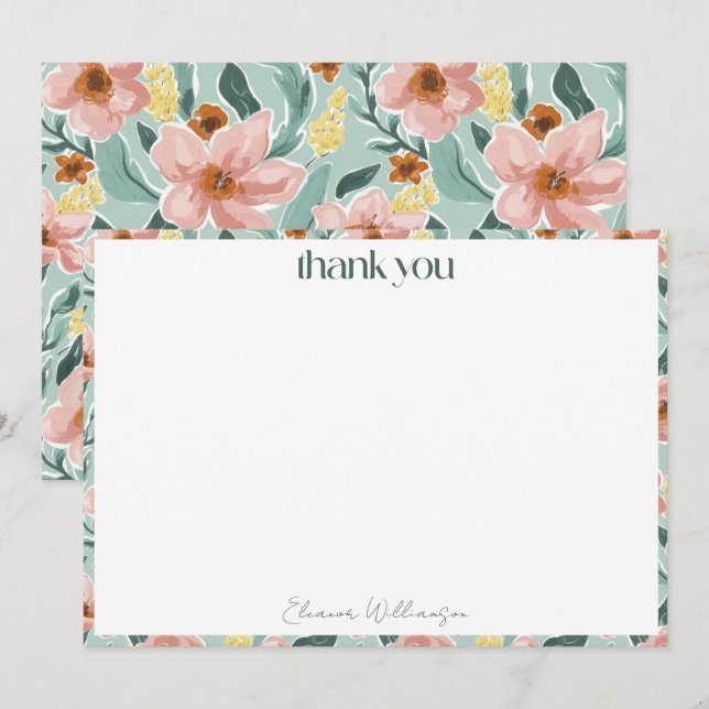 Pretty Mint Sage Pink Floral Custom Bridal Shower Thank You Card (Front/Back)