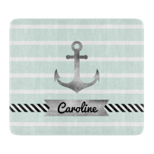 Pretty Mint Stripes Watercolor Anchor Custom Cutting Board