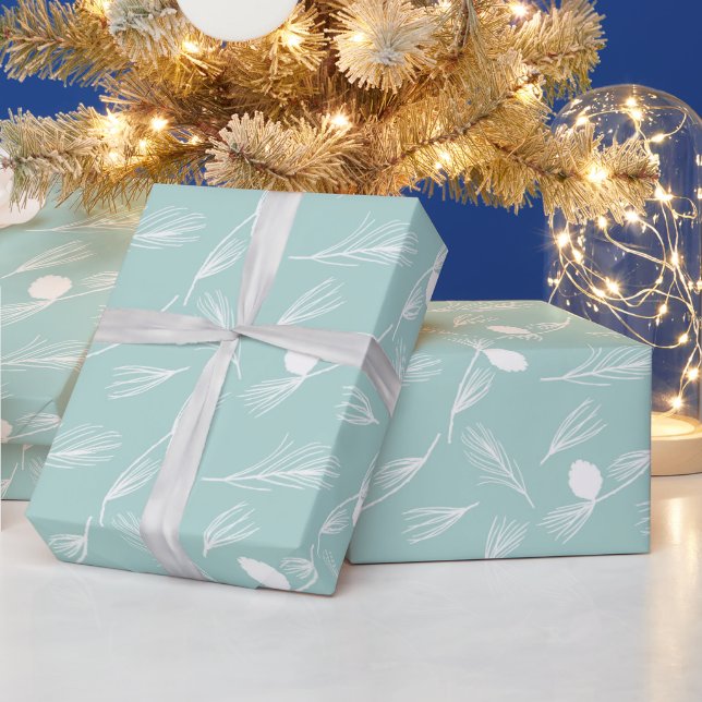 Pretty Modern Blue and White Holiday Pine Wrapping Paper (Holidays)