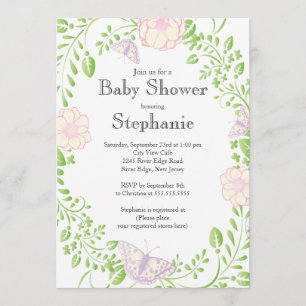 Pretty Modern Butterfly Floral Girl Baby Shower Invitation