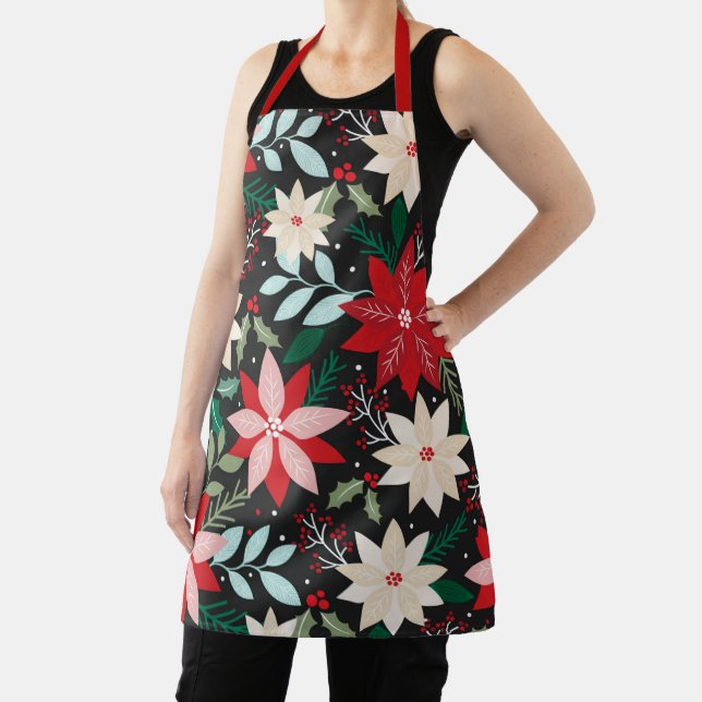 Pretty Modern Christmas Holidays Poinsettia Floral Apron (Insitu)