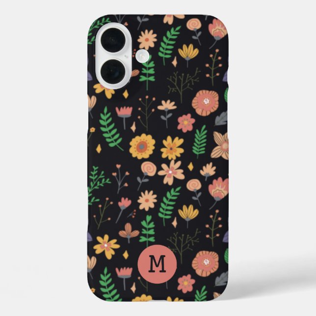 Pretty Modern Dark Floral Pattern Monogram Case-Mate iPhone Case (Back)
