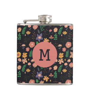 Pretty Modern Dark Floral Pattern Monogram Hip Flask