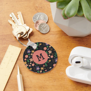 Pretty Modern Dark Floral Pattern Monogram Keychain