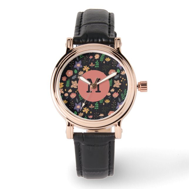 Pretty Modern Dark Floral Pattern Monogram Watch (Front)