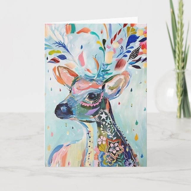 Pretty Modern Deer Art Flower Antlers Card (Front)