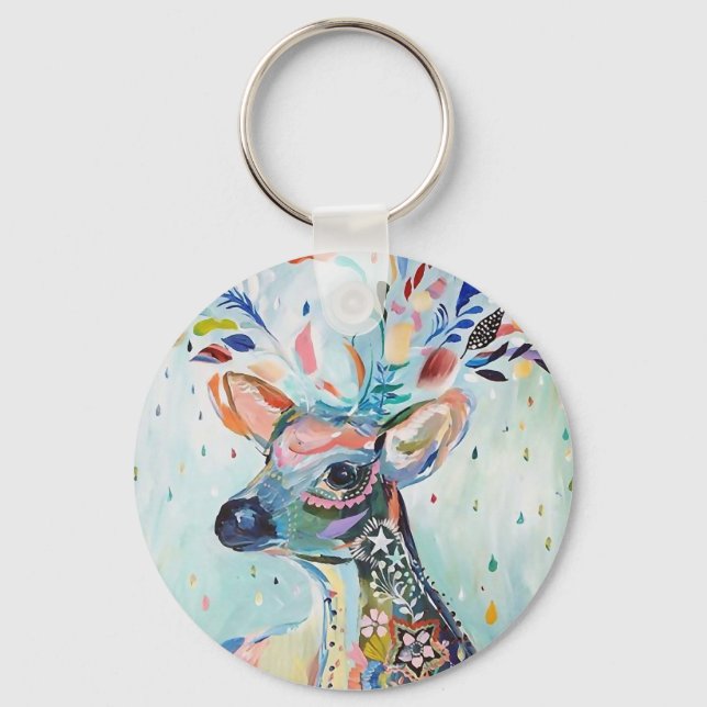 Pretty Modern Deer Art Flower Antlers Keychain (Front)