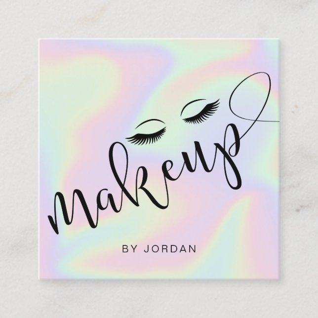 Pretty modern elegant stylish holographic makeup square business card (Front)